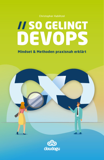 Cover des DevOps eBook mit zwei Personen vor einem Unendlichkeitszeichen